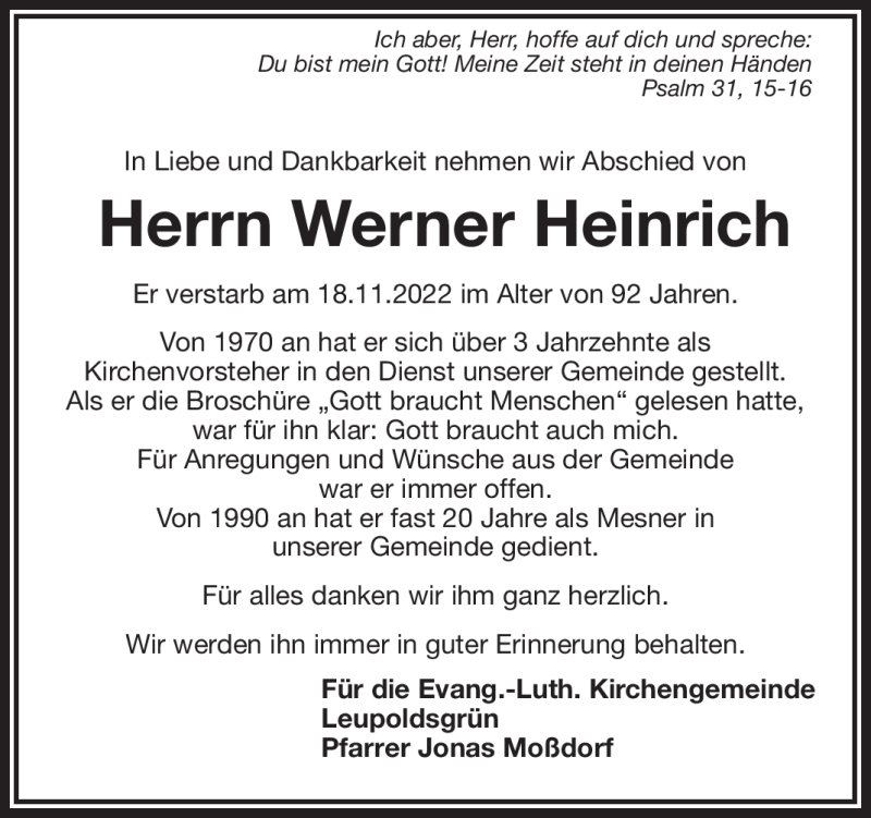  Traueranzeige für Werner Heinrich vom 02.12.2022 aus Frankenpost