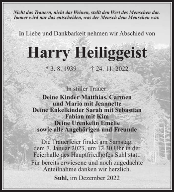 Traueranzeige von Harry Heiliggeist von Südthüringer Presse