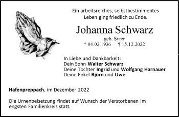 Traueranzeige von Johanna Schwarz von Neue Presse Coburg