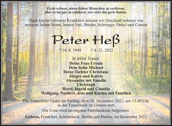 Traueranzeige von Peter Heß von Südthüringer Presse
