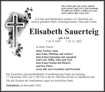 Traueranzeige von Elisabeth Sauerteig von Südthüringer Presse