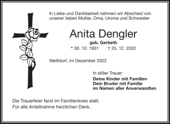Traueranzeige von Anita Dengler von Frankenpost