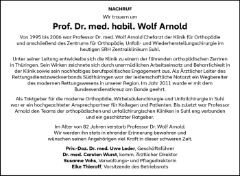 Traueranzeige von Wolf Arnold von Südthüringer Presse