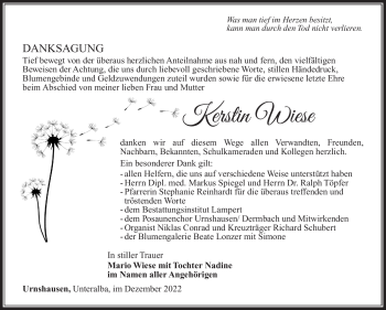 Traueranzeige von Kerstin Wiese von Südthüringer Presse