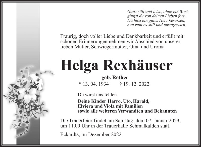  Traueranzeige für Helga Rexhäuser vom 30.12.2022 aus Südthüringer Presse