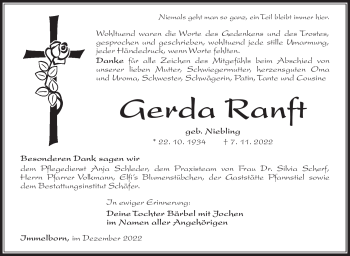 Traueranzeige von Gerda Ranft von Südthüringer Presse