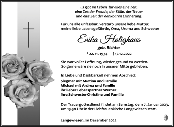 Traueranzeige von Erika Holighaus von Südthüringer Presse