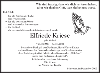 Traueranzeige von Elfriede Kriese von Südthüringer Presse