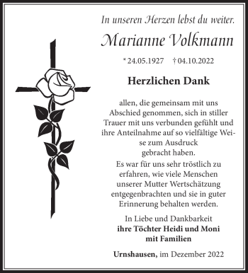 Traueranzeige von Marianne Volkmann von Südthüringer Presse