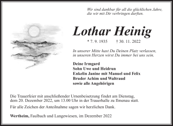 Traueranzeige von Lothar Heinig von Südthüringer Presse