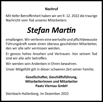 Traueranzeige von Stefan Martin von Südthüringer Presse