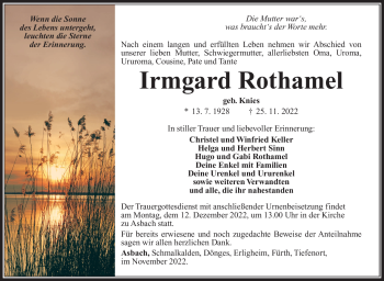 Traueranzeige von Irmgard Rothamel von Südthüringer Presse