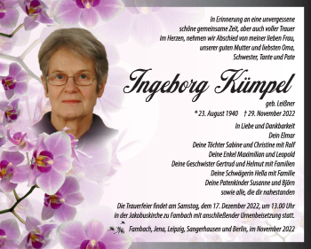 Traueranzeige von Ingeborg Kümpel von Südthüringer Presse