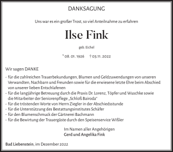 Traueranzeige von Ilse Fink von Südthüringer Presse