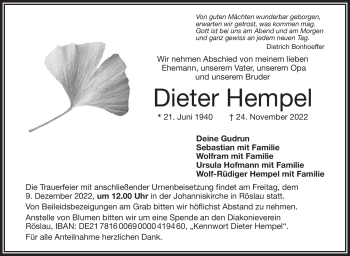 Traueranzeige von Dieter Hempel von Frankenpost