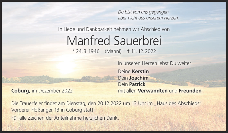  Traueranzeige für Manfred Sauerbrei vom 17.12.2022 aus Neue Presse Coburg