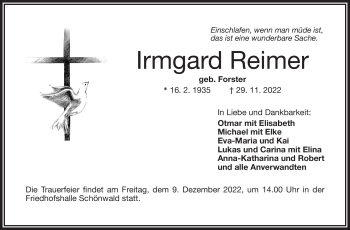 Traueranzeige von Irmgard Reimer von Frankenpost