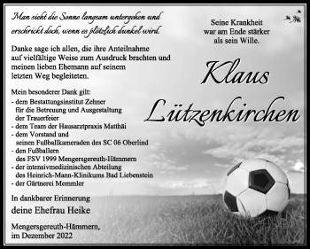 Traueranzeige von Klaus Lützenkirchen von Südthüringer Presse