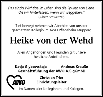 Traueranzeige von Heike von der Wehd von Südthüringer Presse