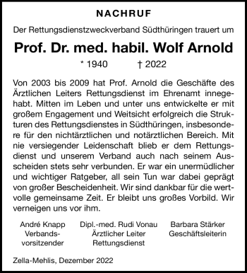 Traueranzeige von Wolf Arnold von Südthüringer Presse