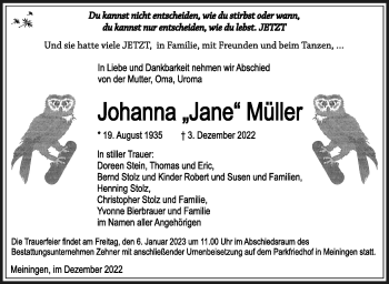 Traueranzeige von Johanna Müller von Südthüringer Presse