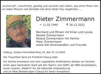Traueranzeige von Dieter Zimmermann von Neue Presse Coburg