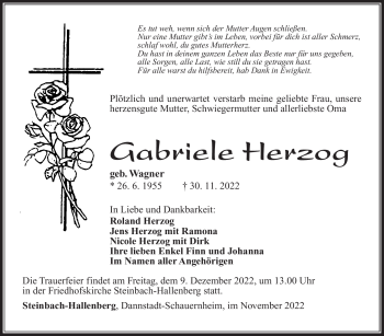 Traueranzeige von Gabriele Herzog von Südthüringer Presse