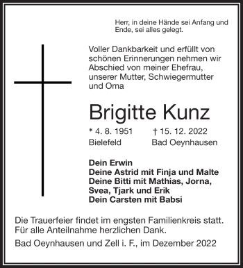 Traueranzeige von Brigitte Kunz von Frankenpost