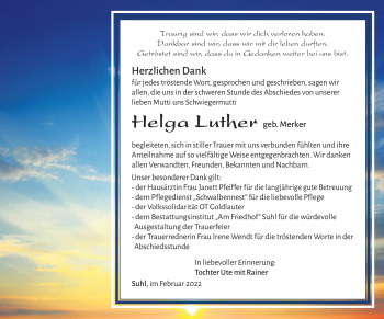 Traueranzeige von Helga Luhter von Südthüringer Presse