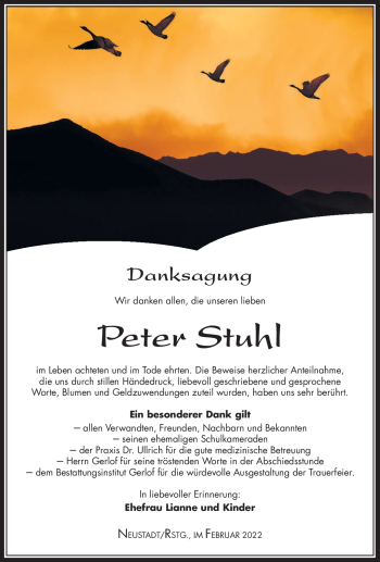 Traueranzeige von Peter Stuhl von Südthüringer Presse