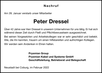Traueranzeige von Peter Dressel von Neue Presse Coburg