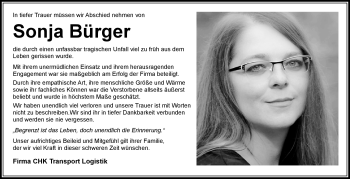 Traueranzeige von Sonja Bürger von Frankenpost