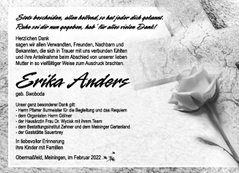 Traueranzeige von Erika Anders von Südthüringer Presse