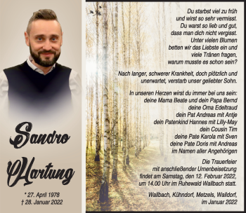 Traueranzeige von Sandro Hartung von Südthüringer Presse