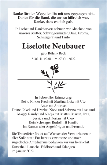 Traueranzeige von Liselotte Neubauer von Südthüringer Presse