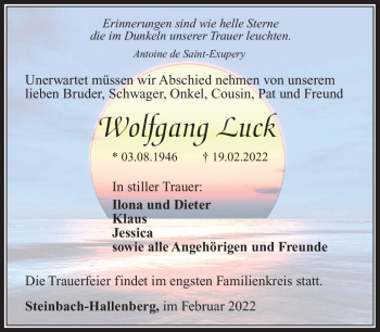 Traueranzeige von Wolfgang Luck von Südthüringer Presse