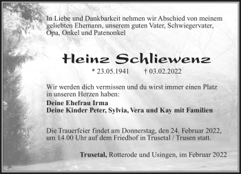Traueranzeige von Heinz Schliewenz von Südthüringer Presse