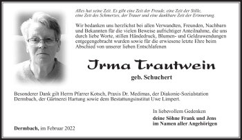 Traueranzeige von Irma Trautwein von Südthüringer Presse
