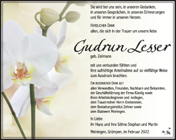 Traueranzeige von Gudrun Lesser von Südthüringer Presse