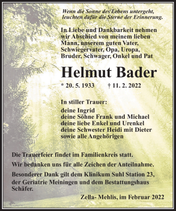 Traueranzeige von Helmut Bader von Südthüringer Presse