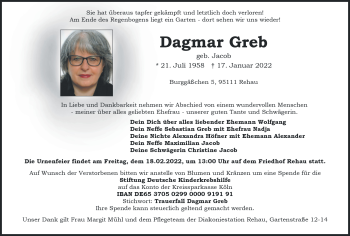 Traueranzeige von Dagmar Greb von Frankenpost