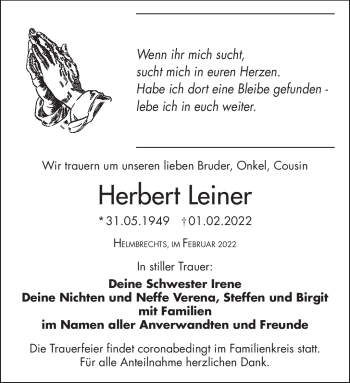 Traueranzeige von Herbert Leiner von Frankenpost