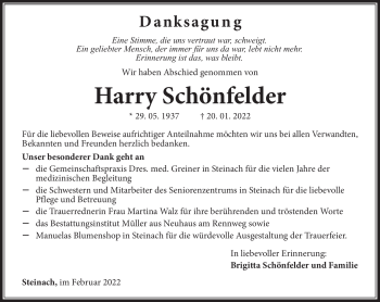 Traueranzeige von Harry Schönfelder von Südthüringer Presse