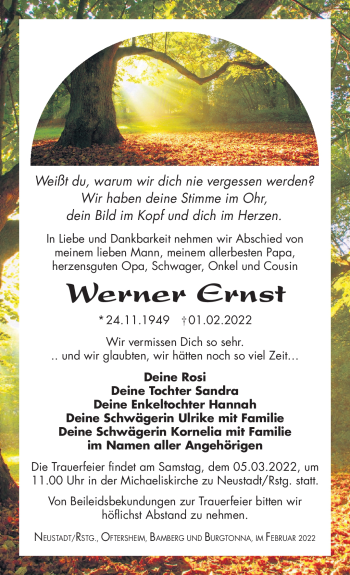 Traueranzeige von Werner Ernst von Südthüringer Presse