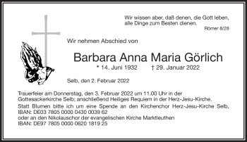 Traueranzeige von Barbara Görlich von Frankenpost