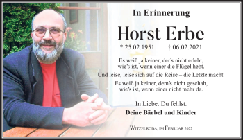 Traueranzeige von Horst Erbe von Südthüringer Presse