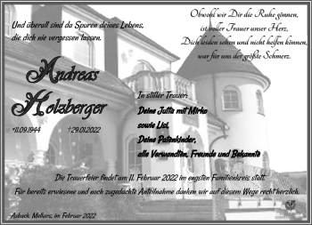 Traueranzeige von Andreas Holzberger von Südthüringer Presse