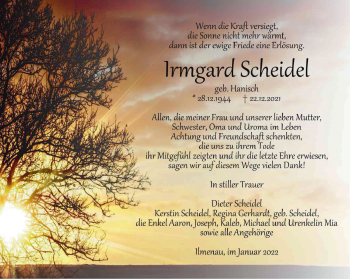 Traueranzeige von Irmgard Scheidel von Südthüringer Presse