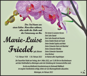 Traueranzeige von Marie-Luise Friedel von Südthüringer Presse