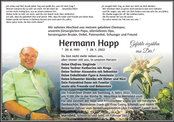 Traueranzeige von Hermann Happ von Südthüringer Presse